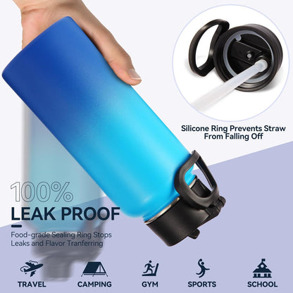 Neihepal 32 oz Insulated Water Bottle with 2 Lids (Straw & Spout Lid), 18/8 Stainless Steel Double Wall Water Bottles for Gym, Travel, Camping, Sports (Silver,1 Pack)