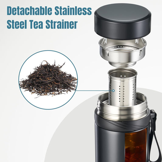 KYZ Insulated Water Bottle with Tea Infuser, 37 oz Wide Mouth Stainless Steel Tumbler, Leak-Proof Travel Water Bottle for Hot & Cold Drinks, Includes Carry Strap for Commuting, Office & Outdoor