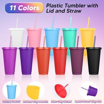 24 Pack Plastic Tumblers with Lids and Straw, Reusable Cups with Lids and Straws Colorful Cups for Cold Drink Iced Coffee, Plastic Tumbler Bulk for Party Birthday Gifts (24 oz, Stylish Colors)