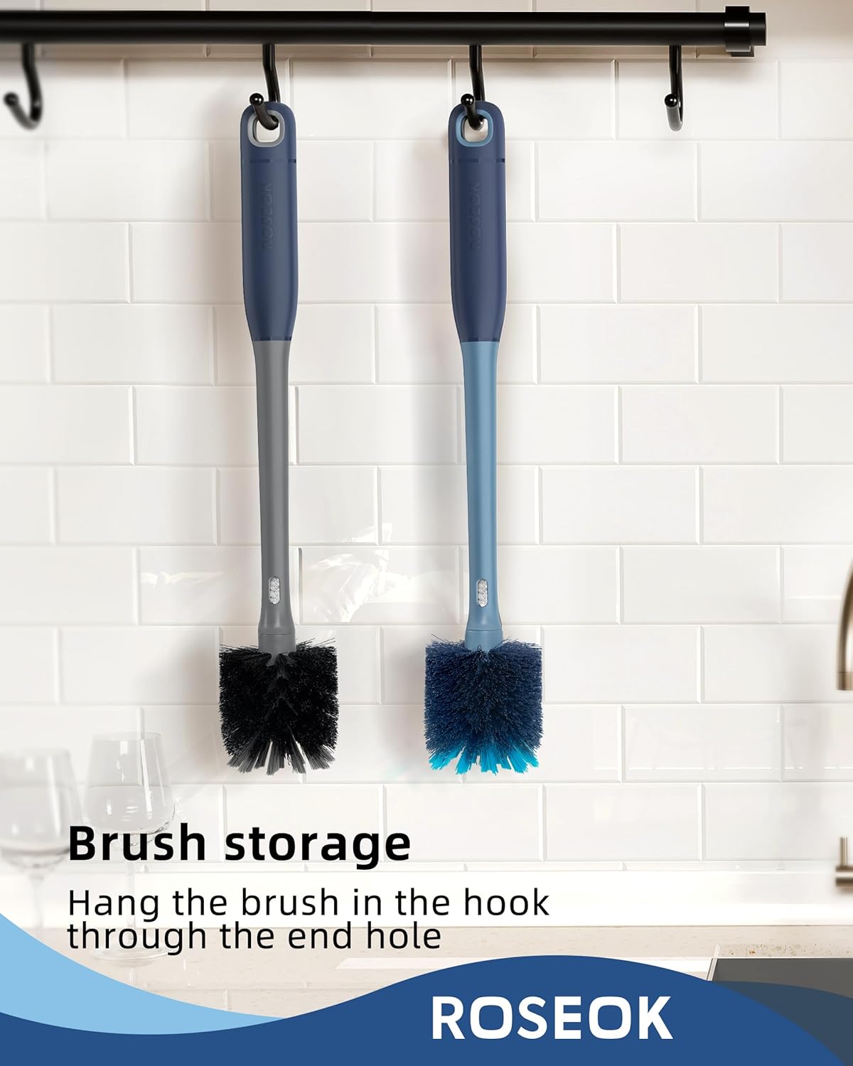 ROSEOK 2 in 1 Long Handle Bottle Brush with Straw Brush for Cleaning Glass, Sports Bottle, Coffee Mug,Navy Blue,1 Pack