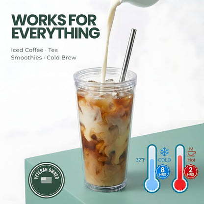 Reusable Iced Coffee Cup with Lid and Straw, 24 oz/Venti, BPA-Free Double-Wall Insulated Plastic Tumbler for Cold Drinks, Includes Clear Plastic Straw, Stainless Steel Straw and Cleaning Brush, White
