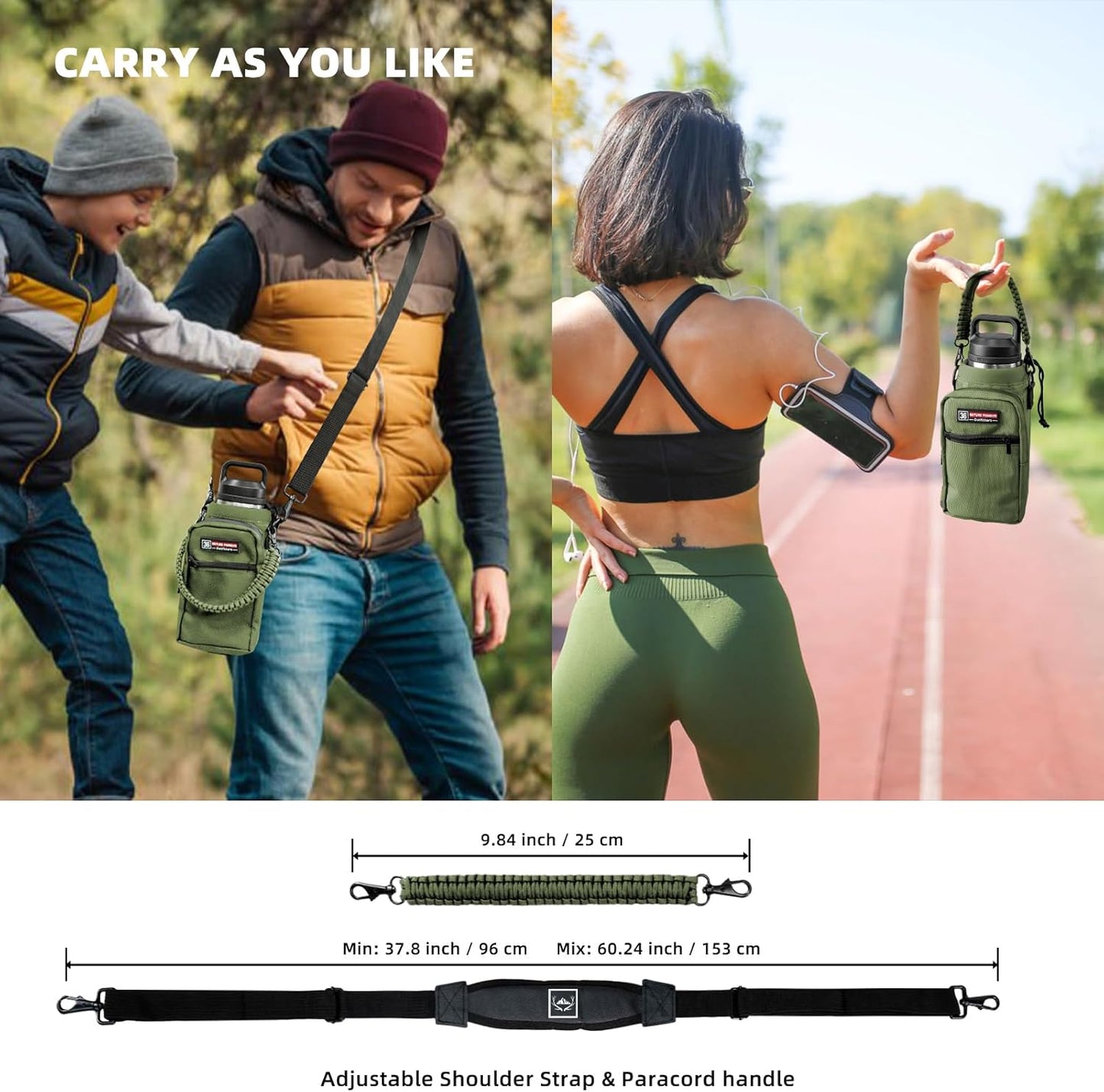 NATURE PIONEOR Water Bottle Holder with Adjustable Strap - 26/32/36/40/46/64oz Insulated Water Bottle Sling Carrier with Paracord Handle & 2 Pockets, Outdoor Sports, Hiking, Camping, Gym