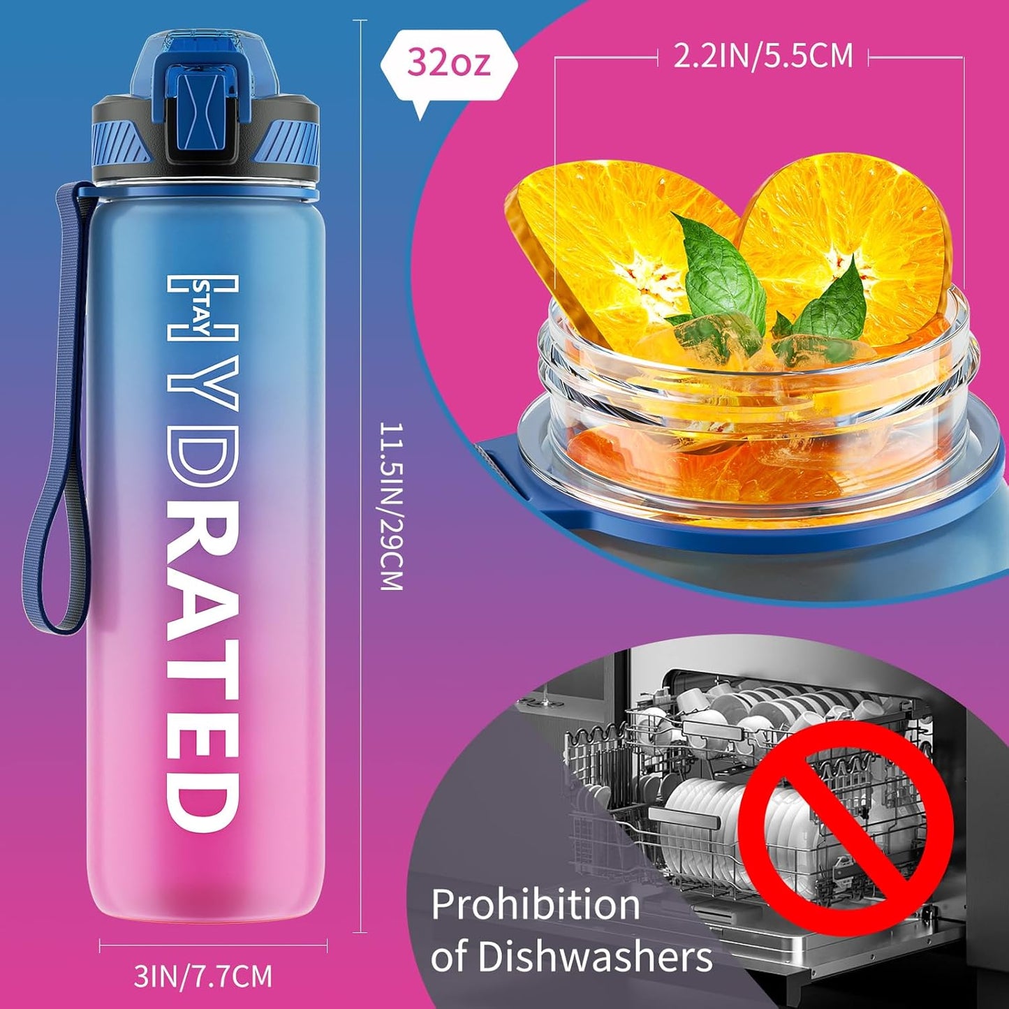 QLUR Water Bottle with Straw, 32oz Motivational Water Bottles with Time Marker to Drink, Tritan BPA Free, 1L Sports Water Bottle with Carry Strap LeakProof for Women Gym Fitness Outdoor (1 Pack)