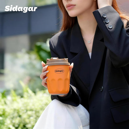 Travel Coffee Mug 10 oz Ceramic Lined Tumbler, Double Wall Stainless Steel Coffee Cup with Lid, Vacuum Spill Proof Mini Water Bottle, Insulated Thermal Mug for Home Office, Orange