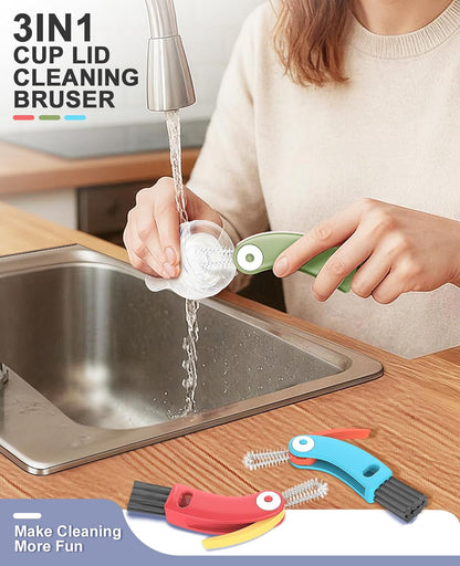 3 in 1 Cup Lid Cleaning Brush 3 PCS - Multifunctional Cleaning Brush Set for Tight Spaces, Bottle Gaps & Travel Mugs | Portable Durable Cup Lid Cleaner Tools (Multicolor)