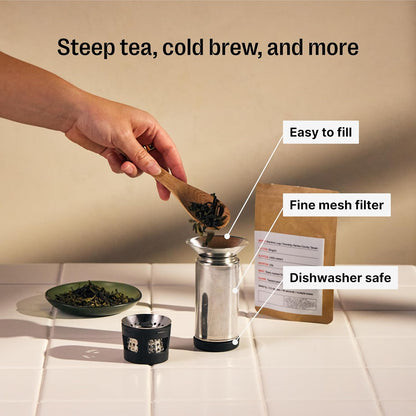 Fellow Carter Tea + Cold Brew Infuser & Carter Move 16 oz Tumbler Set - Steep Tea On-The-Go - Vacuum-Insulated Stainless Steel Travel Mug w/Snap-In Infuser For Steeping, Cold Brew, Stone Blue