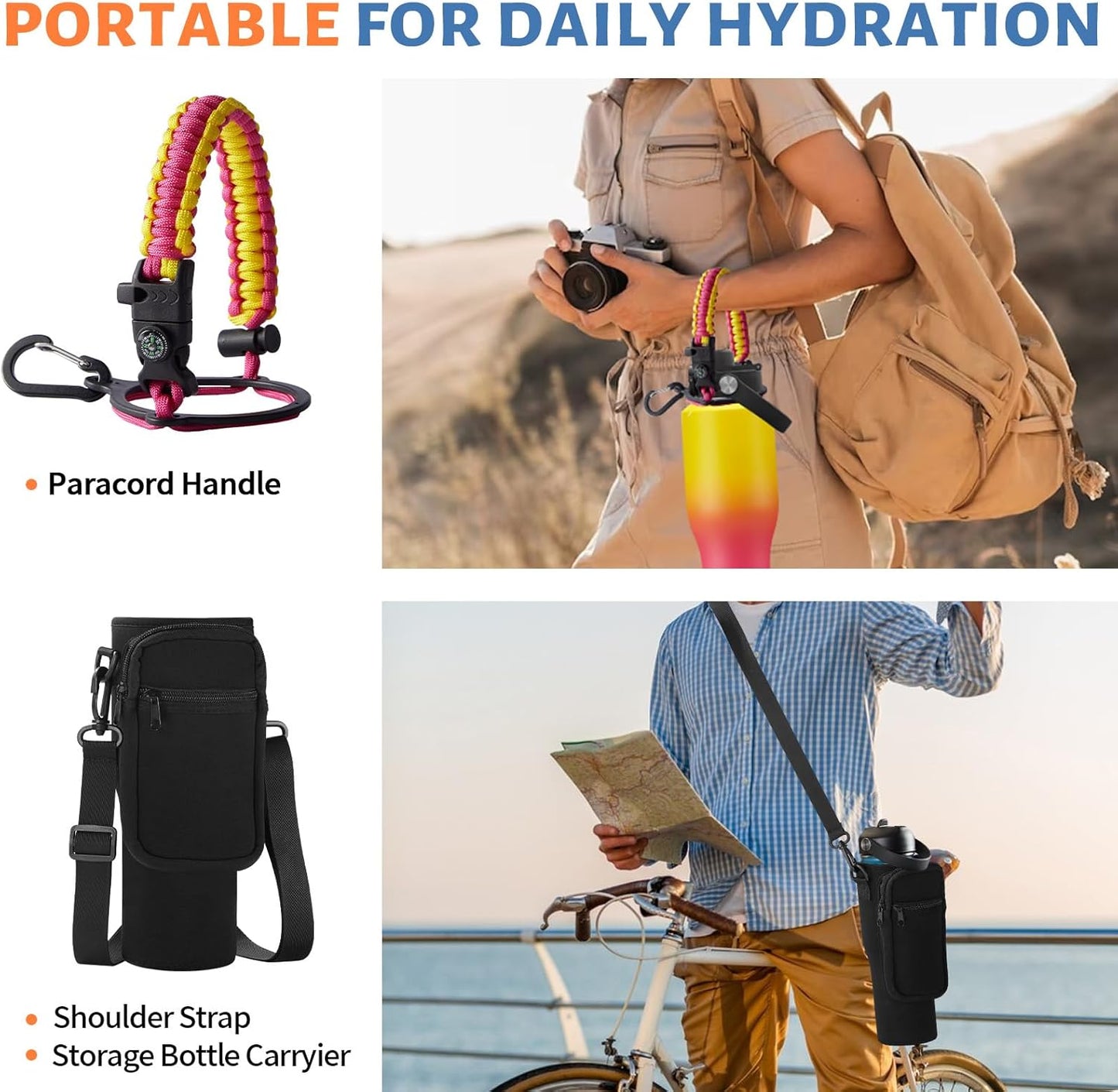Insulated Water Bottle 40 oz - Fits in any Car Cup Holder, Keep Cold 48H Hot 24H, Stainless Steel Waterbottle Double Wall Flask with Straw, Pop-up Spout Lid, Paracord Handle, Carrier Bag