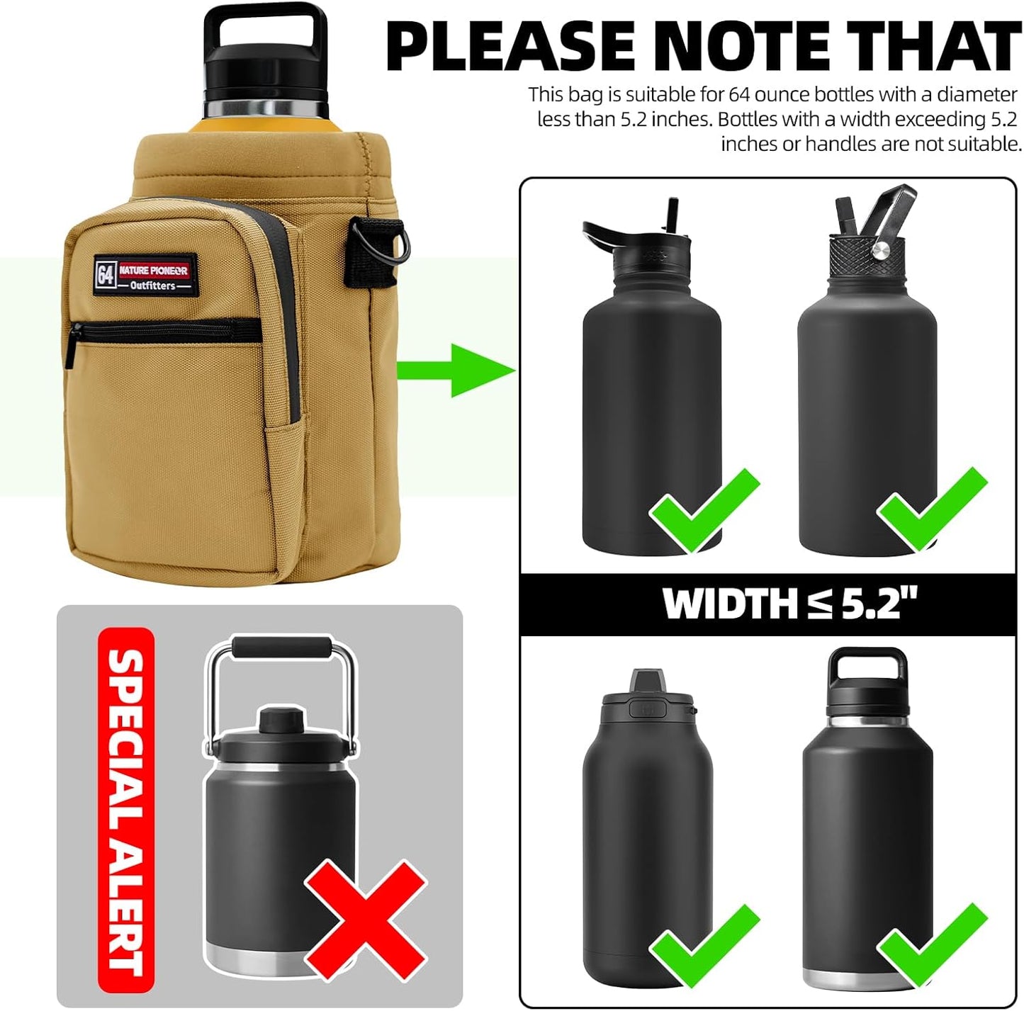 NATURE PIONEOR Water Bottle Holder with Adjustable Strap - Half/One Gallon (64/128oz) Insulated Water Bottle Sling Carrier with Phone Pocket & Paracord Handle, Outdoor Camping, Hiking, Gym
