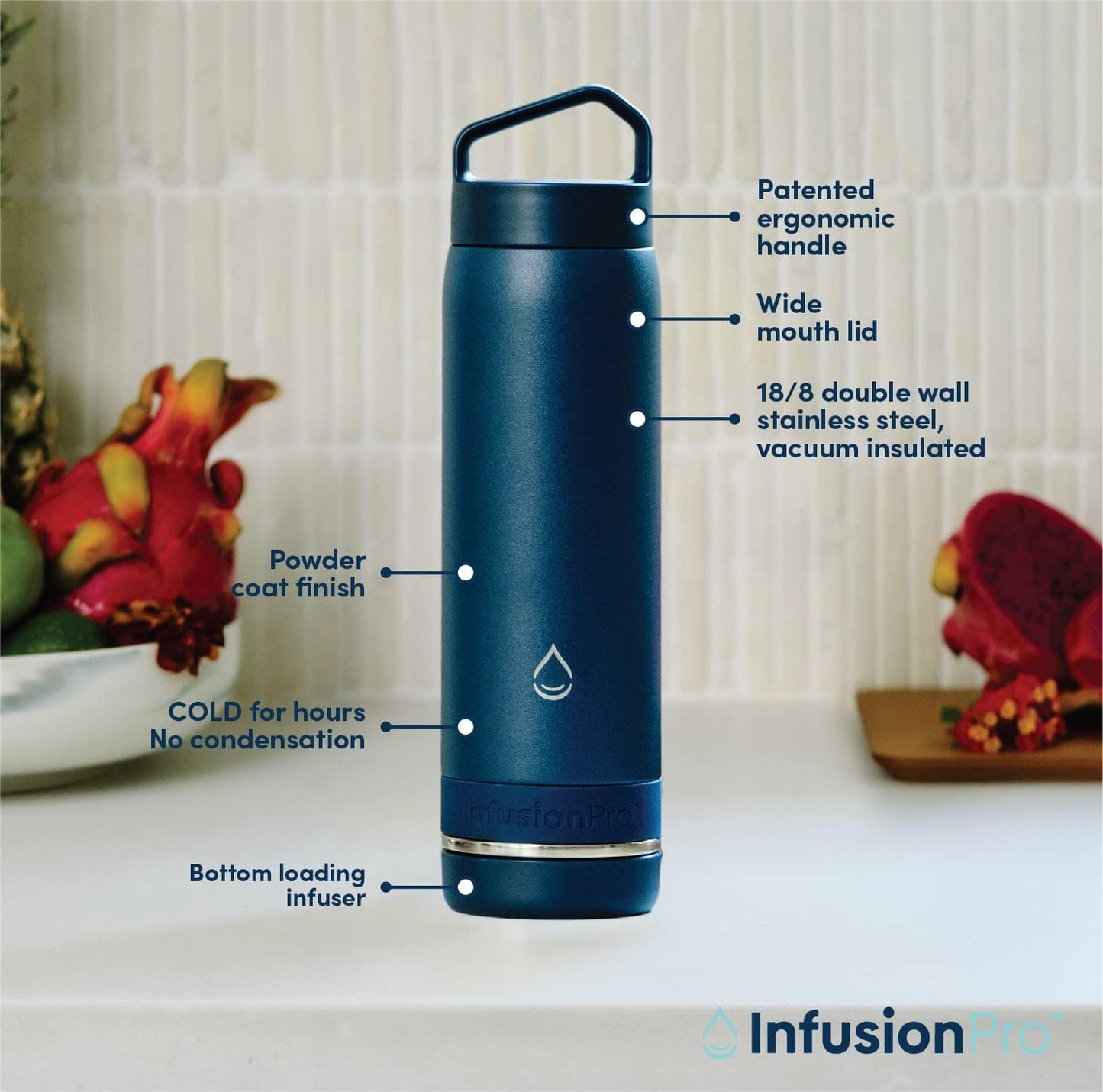 Infusion Pro Fruit Infuser Water Bottle with Straw Lid (32 oz) Stainless Steel Vacuum Insulated : 50 Recipe Fruit Infusion eBook : More Flavor : Easy Cleaning : Great Gift