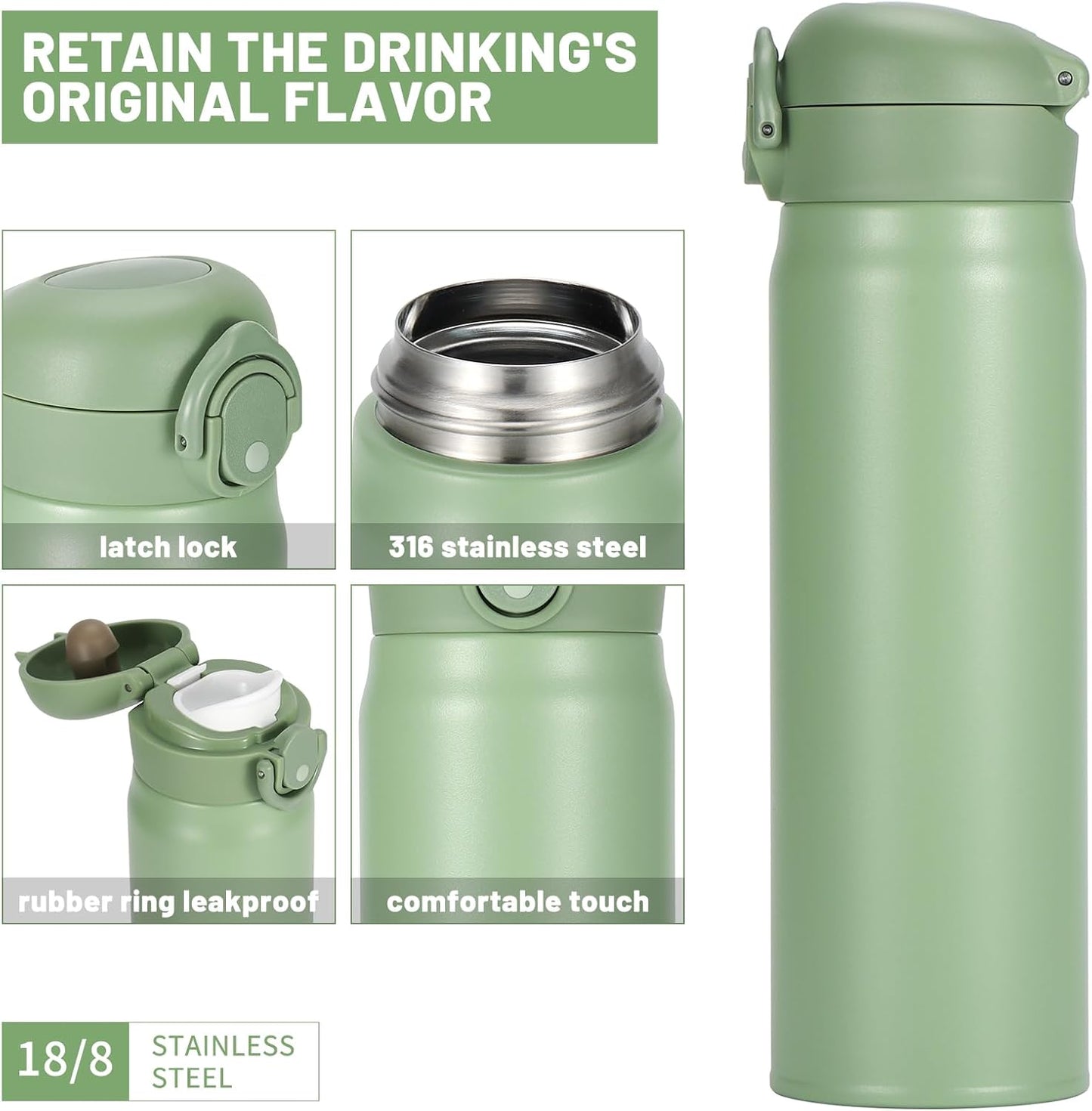 17 oz / 500 ml Insulated Water Bottle, Stainless Steel Thermo Coffee Travel Mug, Thermal Cup with Snap Flip Lid, BPA Free for Hot and Cold Drinking, Black