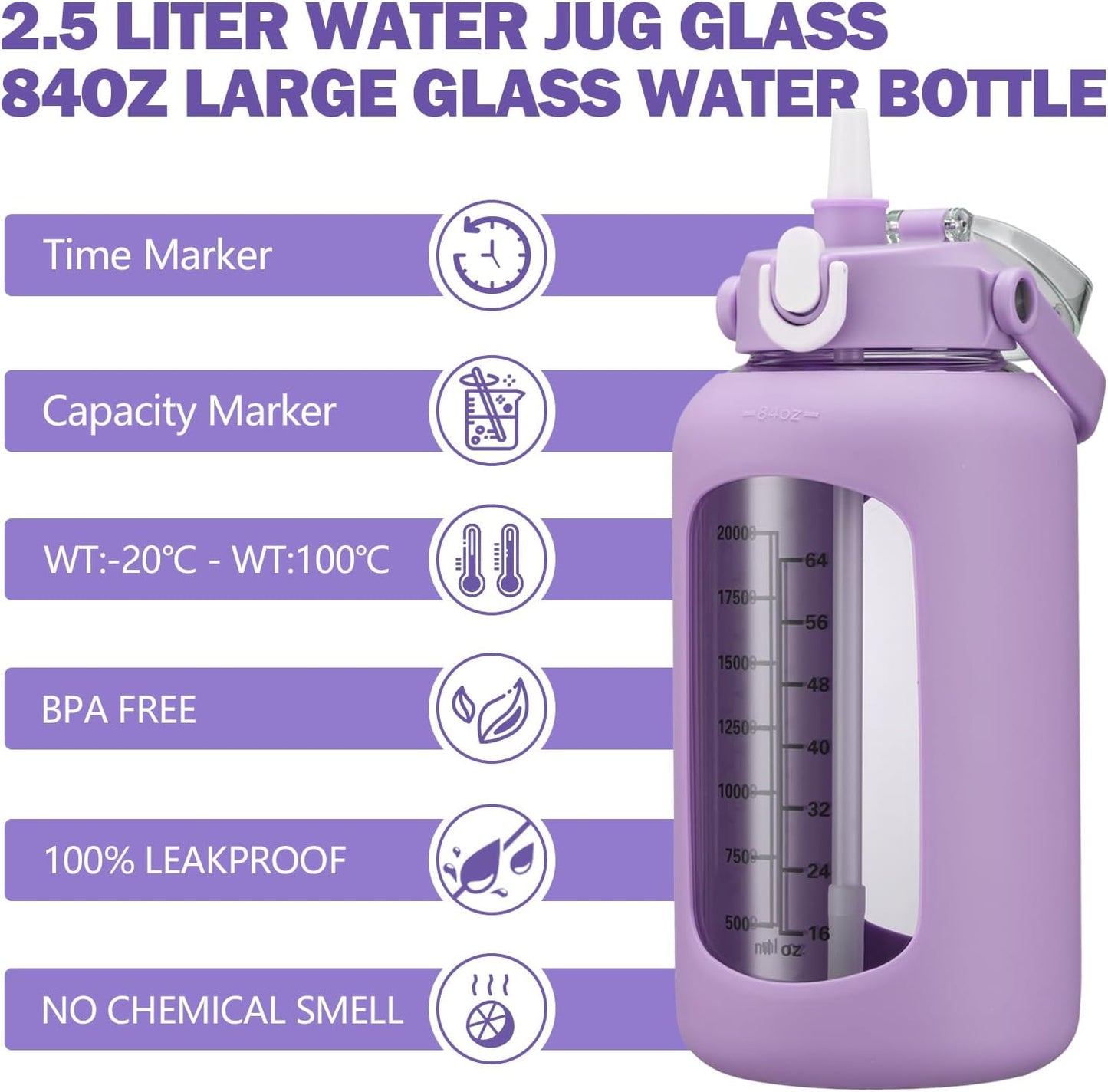 64oz Glass Water Bottles with Straw, Half Gallon Motivational Glass Bottle with Silicone Sleeve and Time Marker, 2L Leakproof Large Glass Water Jug for Gym Home Office,olive