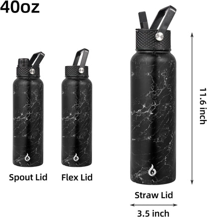 BJPKPK Insulated Water Bottles with Straw Lid, 40oz Stainless Steel Water Bottles with 3 Lids, BPA Free Leakproof Thermo, Tumblers, Cups for Sports, Gym- Midnight - Colors B