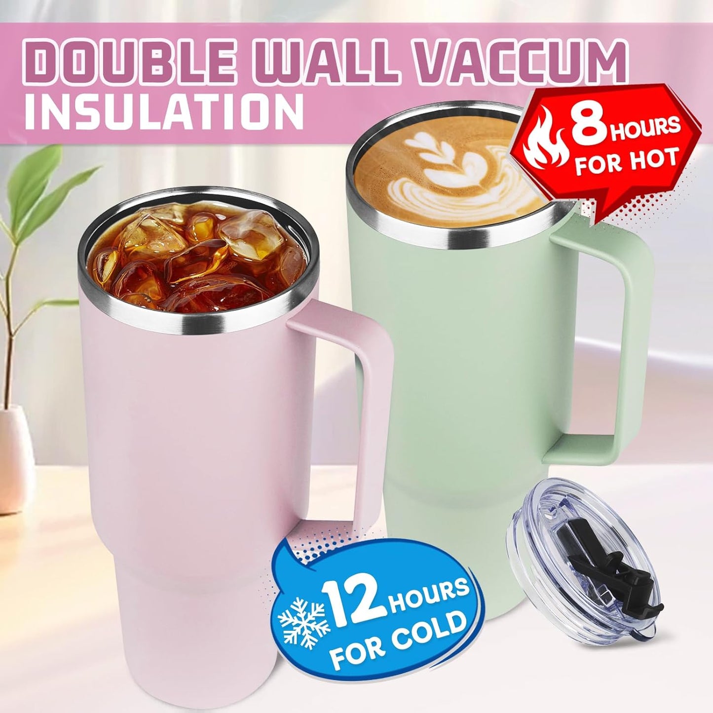 20 oz Tumbler with Handle, Stainless Steel Insulated Tumbler with Lid and Straw, Double Wall Vacuum Coffee Mug Tumbler, Insulated Coffee Thermal Cup for Cold and Hot (Light Purple)