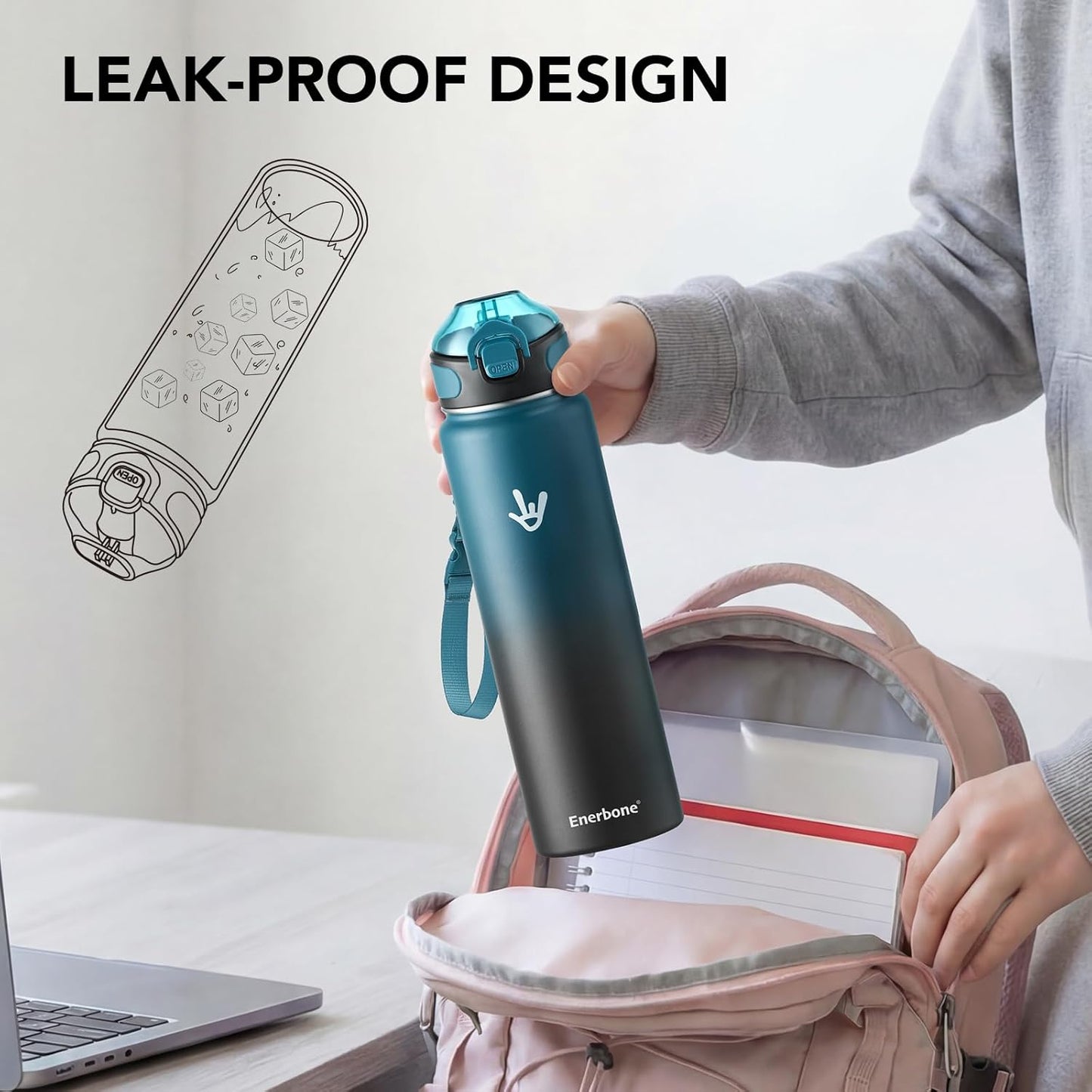 Enerbone 24 oz Insulated Water Bottle, Stainless Steel Bottle with Carrying Strap, Double-Wall Vacuum Insulation Design, Leakproof Sports Bottle with Straw, Keep Drinks Cold or Hot for Hours