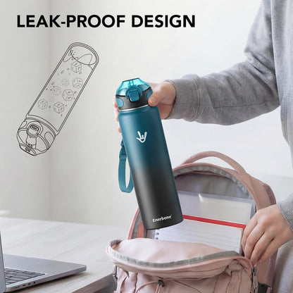 Enerbone 24 oz Insulated Water Bottle, Stainless Steel Bottle with Carrying Strap, Double-Wall Vacuum Insulation Design, Leakproof Sports Bottle with Straw, Keep Drinks Cold or Hot for Hours