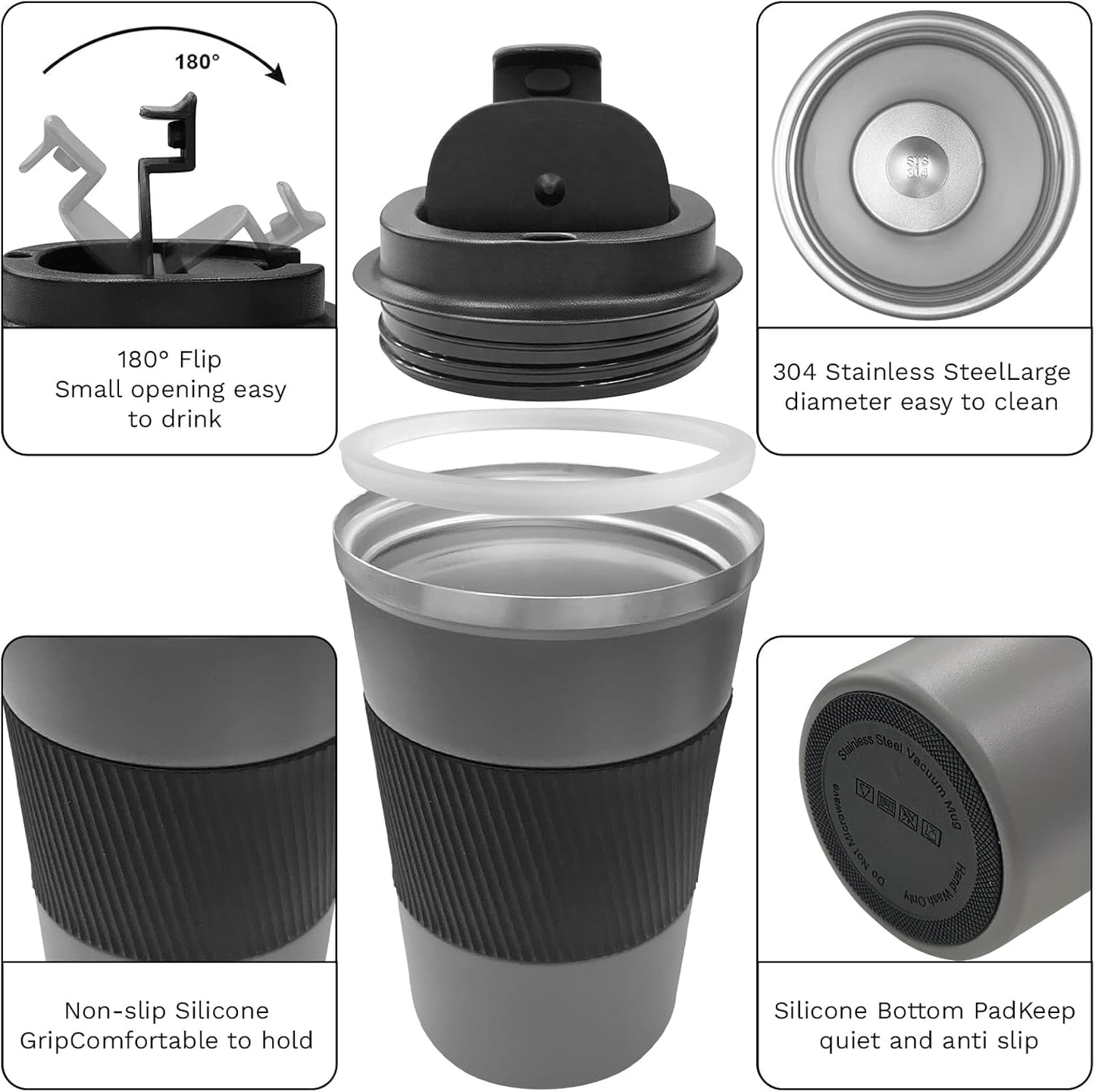 YINBAOGE Insulated Travel Coffee Mug, Spill & Leak Proof, Portable To Go Camping Stainless Steel Coffee Tumbler, Reusable Thermal Coffee Cup with Lid for Hot & Cold Drinks (Black, 12 OZ)