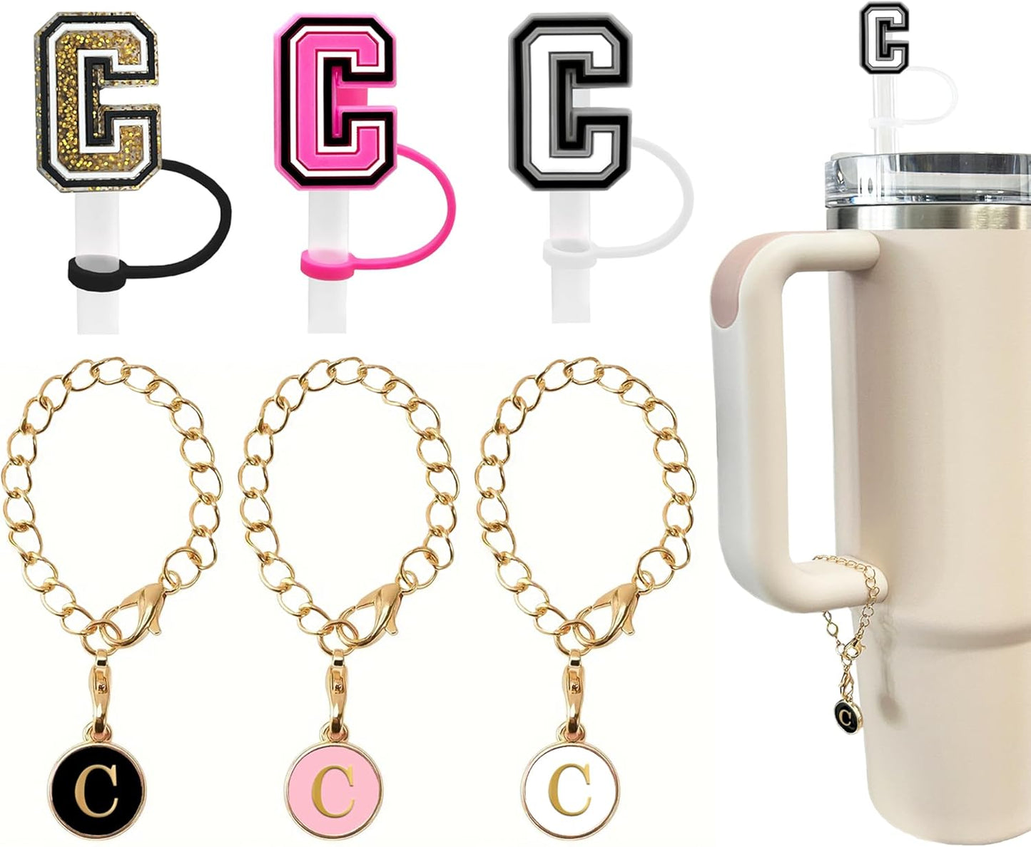 （3 +3) 3PCS Nuozme Straw Cover 10mm For Stanley Tumbler Cup Reusable Straw Cap Topper with 3 Initial Letter Charms Accessories Name ID Personalized Handle Charm For Stanley 30&40 Oz Cup Tumbler - Colors A