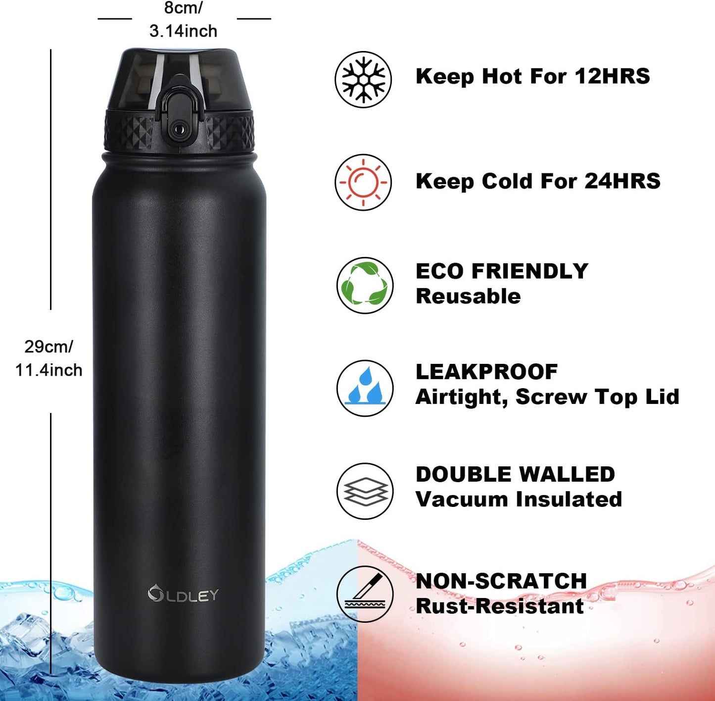 Oldley Insulated Water Bottle 20oz for Adults Kids Stainless Steel Water Bottles with Straw/Chug/Carabiner 3 Lids Fruit Strainer Double Wall Vacuum Wide Mouth BPA Free Leak-Proof for School Travel