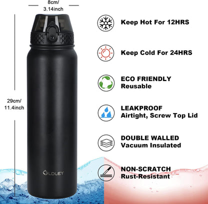 Oldley Insulated Water Bottle 20oz for Adults Kids Stainless Steel Water Bottles with Straw/Chug/Carabiner 3 Lids Fruit Strainer Double Wall Vacuum Wide Mouth BPA Free Leak-Proof for School Travel