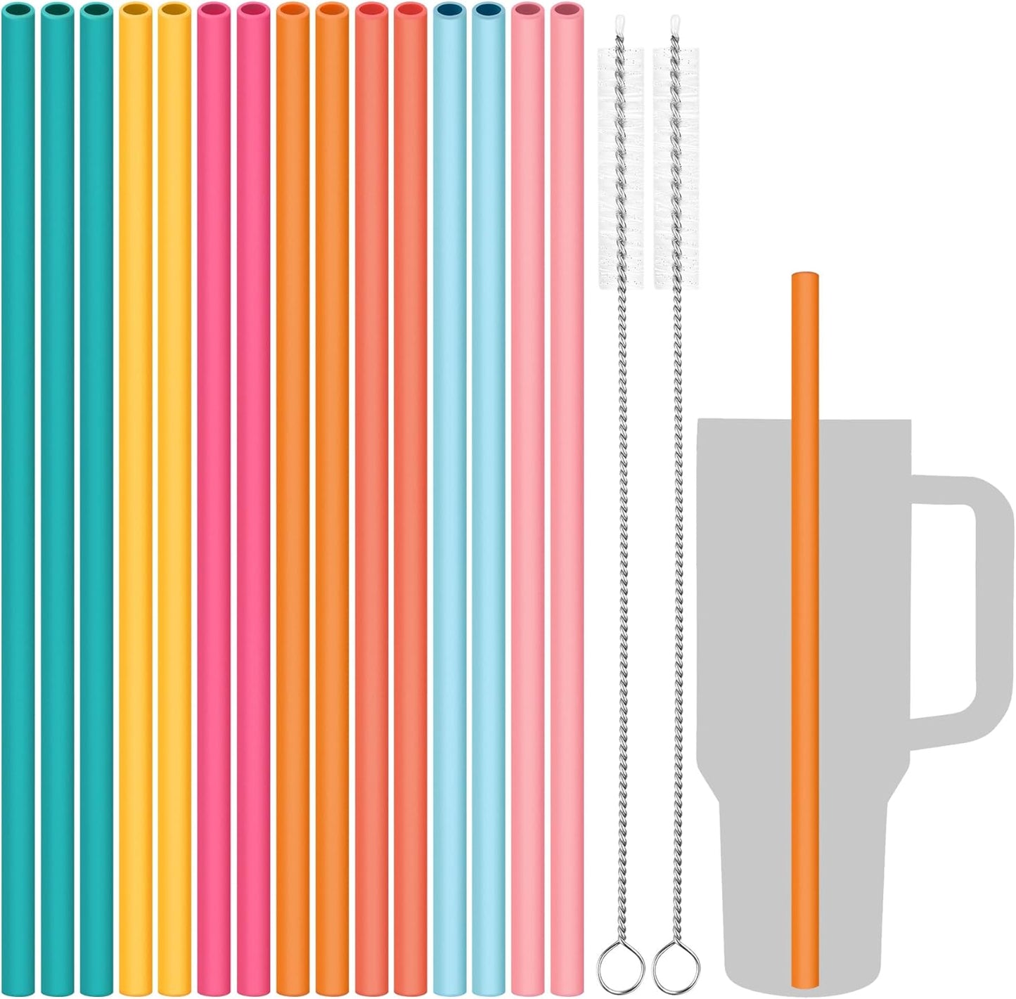 Tomorotec 15PCS Reusable Silicone Drinking Straws w/ 2 Brushes, Fit for Stanley Tumbler 40oz 30oz 20oz, 12" Long Customizable for Various Drinkware, Dishwasher Safe, BPA-Free, Safe for Teeth (Macaron)
