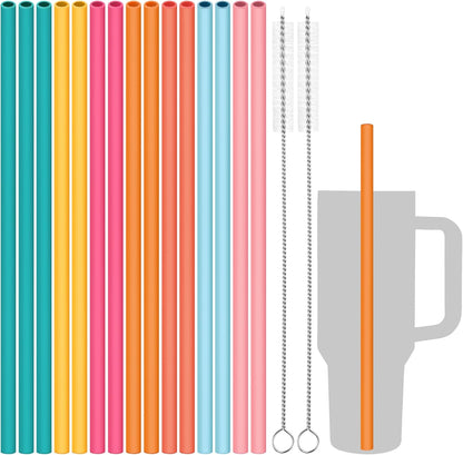 Tomorotec 15PCS Reusable Silicone Drinking Straws w/ 2 Brushes, Fit for Stanley Tumbler 40oz 30oz 20oz, 12" Long Customizable for Various Drinkware, Dishwasher Safe, BPA-Free, Safe for Teeth (Macaron)
