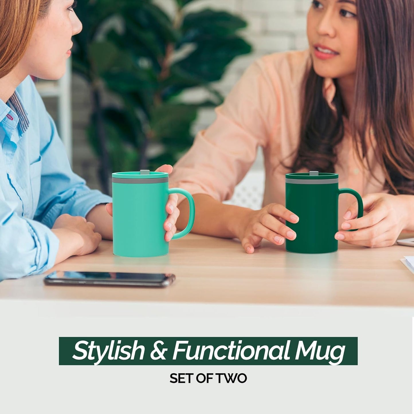 Copco Iconic 16oz Double Wall Insulated Desk Mug with Lid & Handle, Set of 2, BPA-Free Reusable Plastic, Spill-Resistant, Microwave & Dishwasher Safe, Wide Mouth (Grey)
