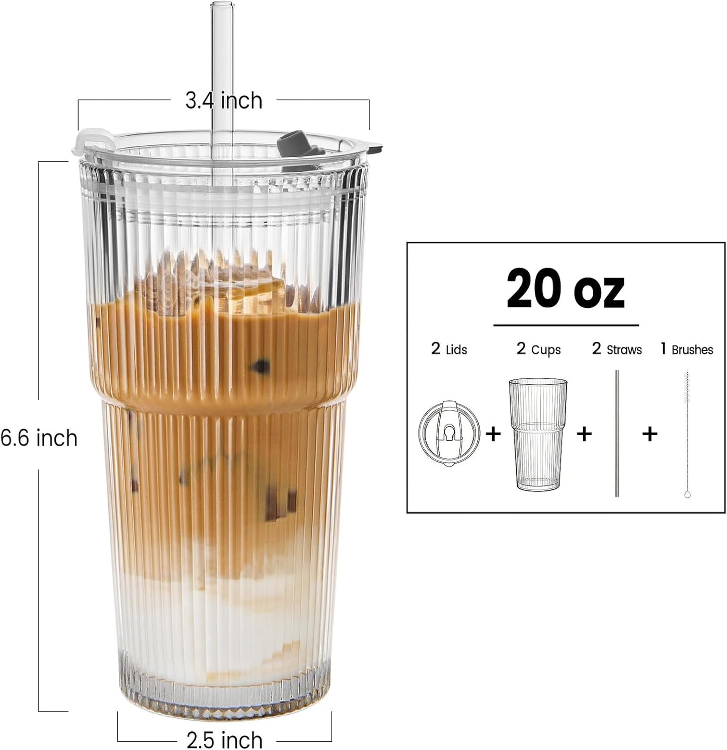 TUZAZO 20 Oz Ribbed Glass Tumblers with Lids and Straws - 4 Pack Reusable Glass Coffee Cups with Straws and Lids, Thicken Glass, Ideal for To Go Iced Coffee