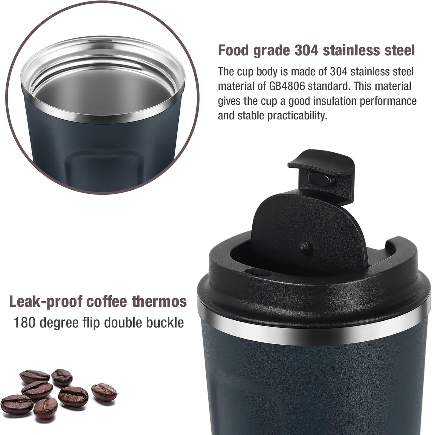17oz (510ml) Vacuum Insulated Coffee Travel Mug, Leak proof Double Wall Stainless Steel Reusable Cup with Lid, Thermal Tumbler for Hot and Cold Drinks, Matte Texture White