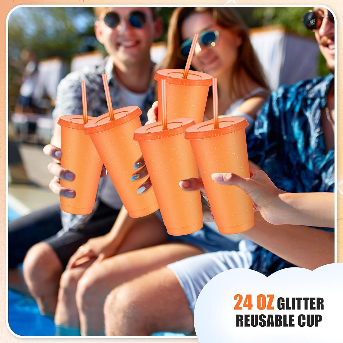 Uiifan 6 Pcs 24 oz Reusable Tumbler with Lids and Straws Plastic Iced Coffee Tumbler Glitter Travel Mug Cup for Smoothie Juices Birthday Party Cold Drink Coffee Cup Bulk for Adult Kid Women (Clear)