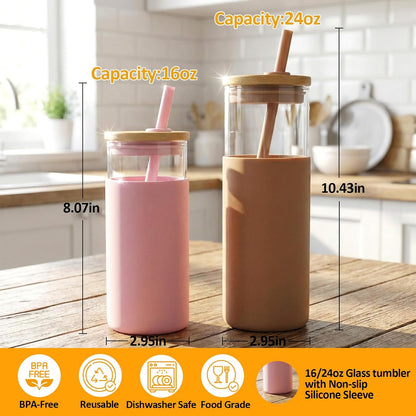 Tronco 24 oz Glass Tumbler with Lids and Straw, Reusable Iced Coffee Cup & Smoothie Cup with Bamboo Lid, Silicone Sleeve, Dishwasher Safe, BPA-Free Borosilicate Glass, 1 Pack