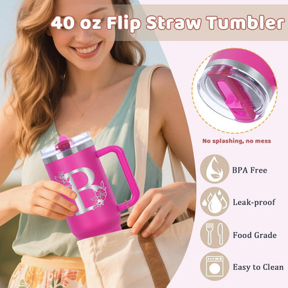 Personalized 40 oz Monogrammed Tumbler with Handle and Flip Straw Lid, 100% Leak Proof stainless steel Insulated Tumbler, Customized Initial Funny Gifts for Women Mom Sisters Coworker, A