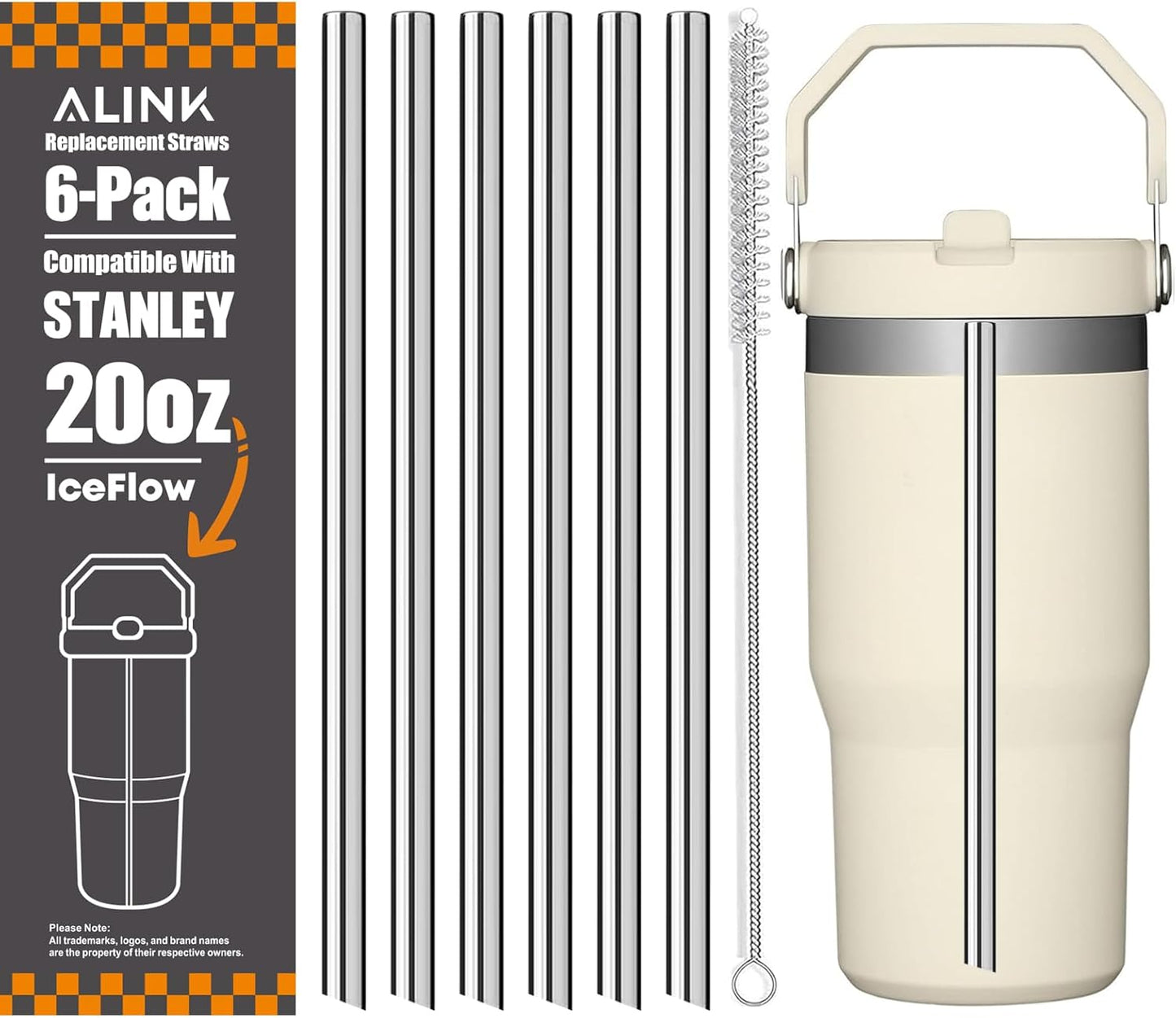 ALINK Stainless Steel Straws Compatible with Stanley Iceflow 30oz Flip Tumbler, 6 Pack Reusable Metal Straws for Stanley Ice Flow 30oz Cup Lid Only, Plus Straw Brush