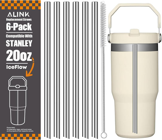 ALINK Stainless Steel Straws Compatible with Stanley Iceflow 30oz Flip Tumbler, 6 Pack Reusable Metal Straws for Stanley Ice Flow 30oz Cup Lid Only, Plus Straw Brush