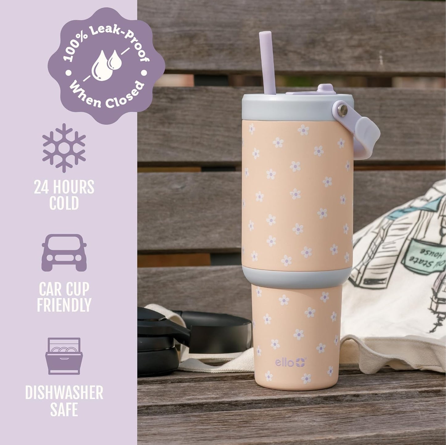Ello Oasis Go+ 26oz Tumbler with Top Handle and Retracting Straw | Reusable Insulated Stainless Steel Cup, 100% Leakproof Water Bottle, 24 Hours Cold, Cup Holder Friendly For Travel | Wild Rasberry
