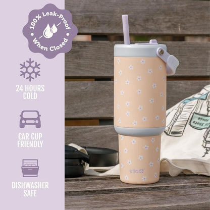 Ello Oasis Go+ 26oz Tumbler with Top Handle and Retracting Straw | Reusable Insulated Stainless Steel Cup, 100% Leakproof Water Bottle, 24 Hours Cold, Cup Holder Friendly For Travel | Wild Rasberry