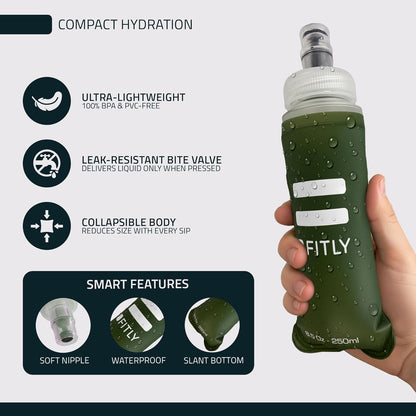 FITLY Soft Flask - Shrink As You Drink Soft Water Bottle for Hydration Pack - Folding Water Bottle Ideal for Running, Hiking, Cycling, Climbing & Rigorous Activity
