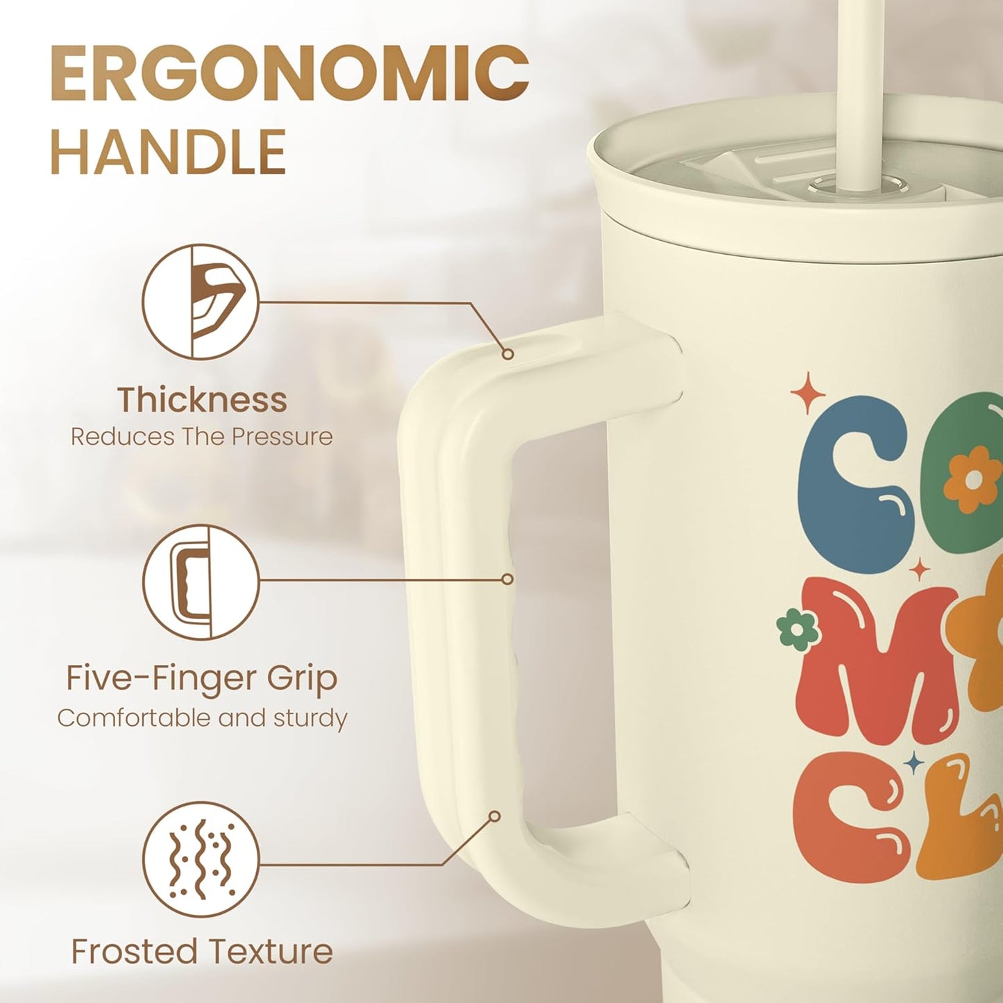 Floral Tumbler with Handle 40oz, Stainless Steel Insulated Tumblers Coffee Travel Mug Cup with Straw, Flower Coffee Cup Gifts for Women Girls, Gift for Her on Christmas Birthday Mothers Day
