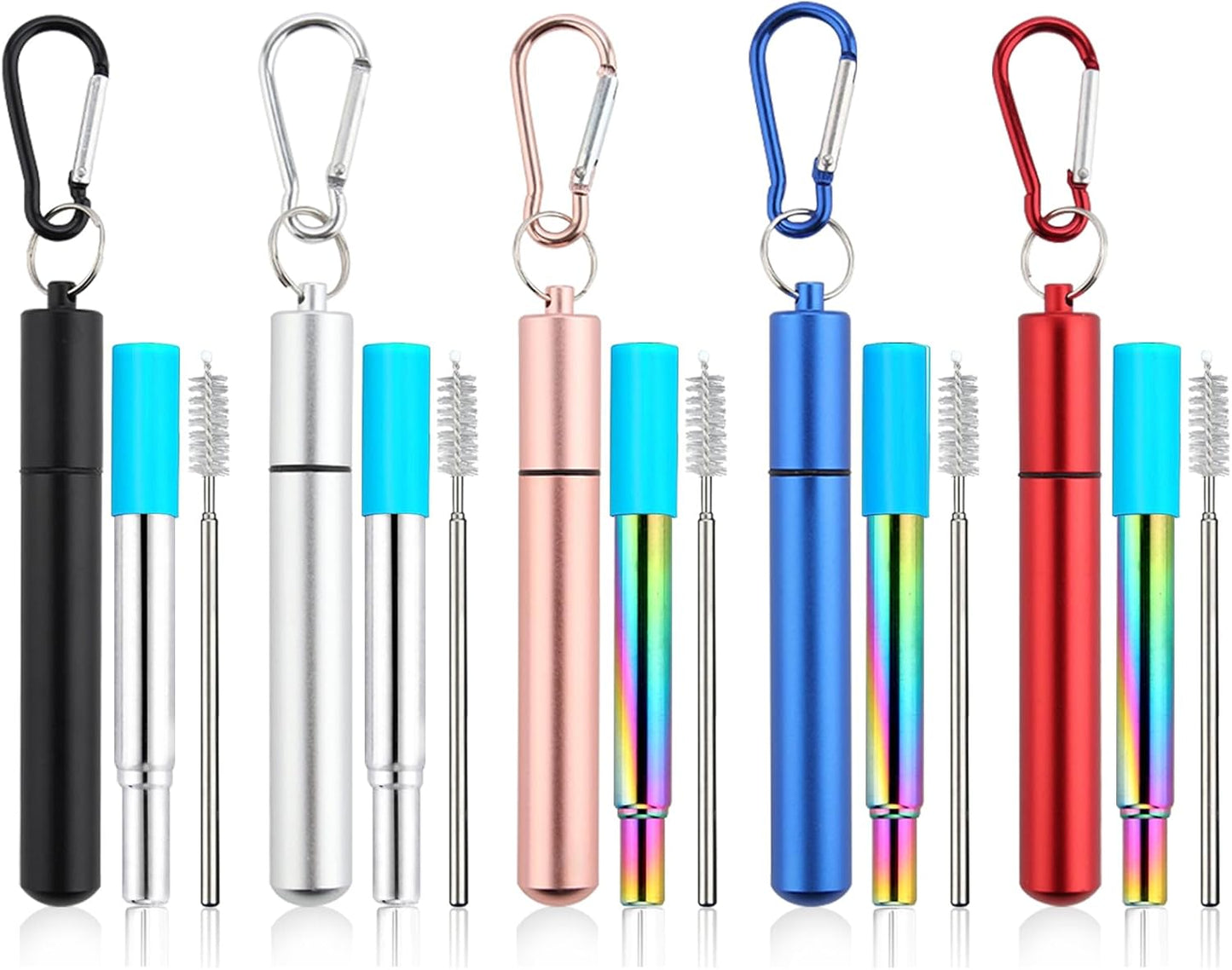 Reusable Straws 5Pack Collapsible Portable Metal Straw Reusable Foldable Stainless Steel Drinking Travel Telescopic Straw with Case, Straws Brush