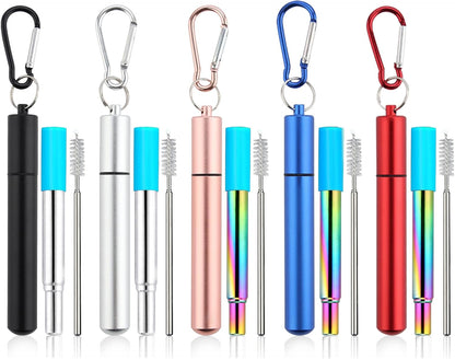 Reusable Straws 5Pack Collapsible Portable Metal Straw Reusable Foldable Stainless Steel Drinking Travel Telescopic Straw with Case, Straws Brush