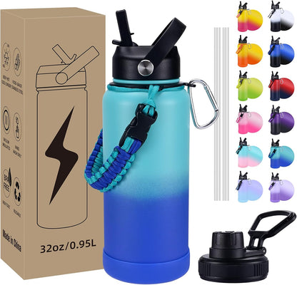 Insulated Water Bottle, 32 oz Stainless Steel Wide Mouth Water Bottles with 2 Leak Proof Lid and Paracord Handle, Double Wall Vacuum Insulated Sports Water Bottle, Purple Black