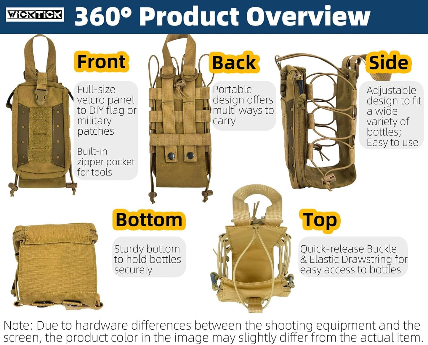 WICKTICK Molle Water Bottle Holder Pouch 16 24 32 40 64 oz - Multi-Purpose Tactical Fuel Bottle Bag, Adjustable Size for Outdoor Activities, Adapted to Backpack/Vest/Belt