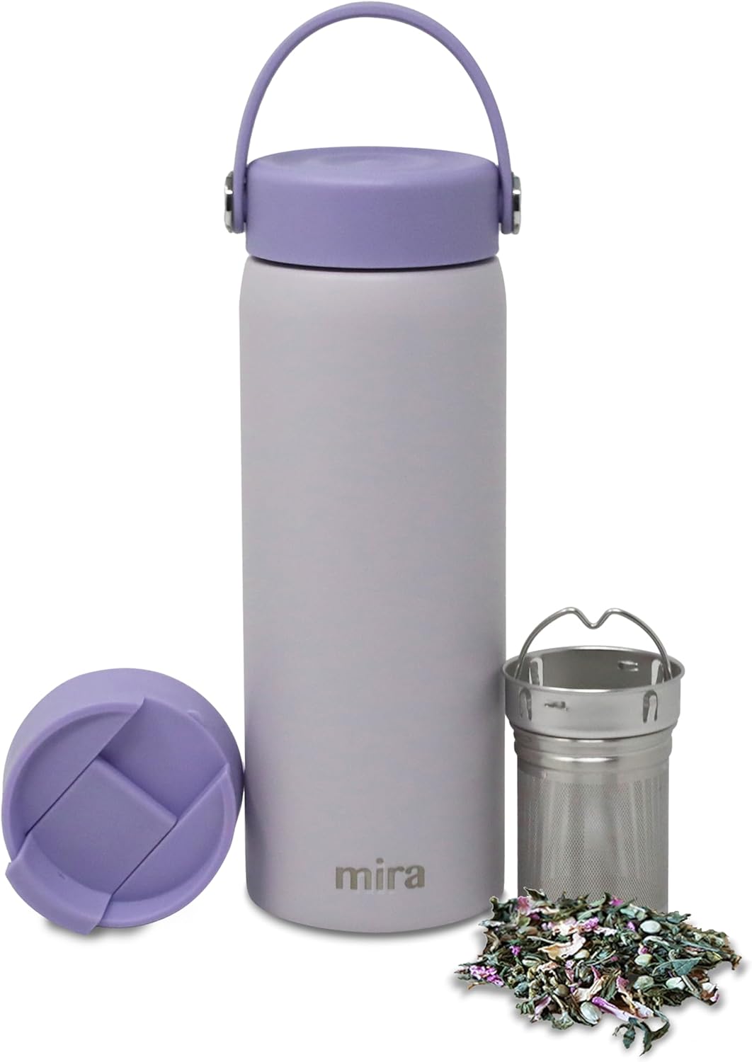 MIRA 18 oz Tea Infuser Thermo - Stainless Steel Travel Bottle with Removable Strainer for Loose Leaf Tea - Insulated Hot & Cold Brew Steeper - White