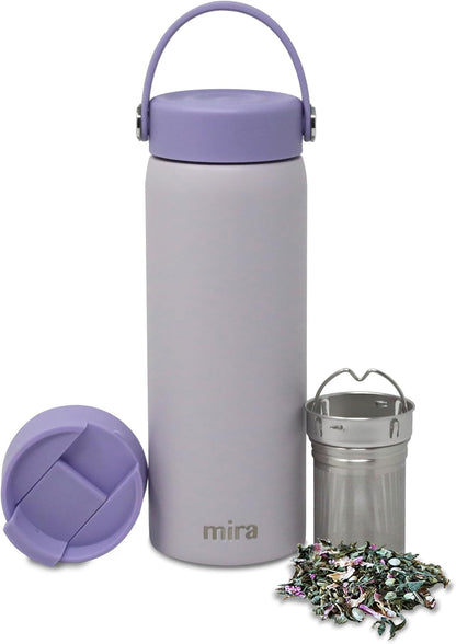 MIRA 18 oz Tea Infuser Thermo - Stainless Steel Travel Bottle with Removable Strainer for Loose Leaf Tea - Insulated Hot & Cold Brew Steeper - White
