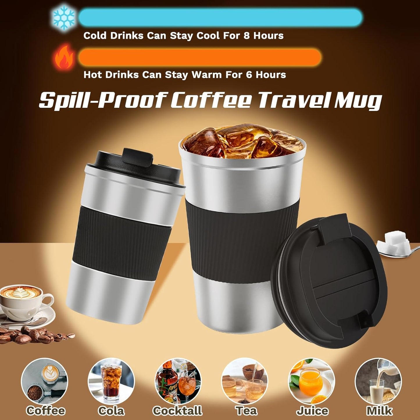 SPLMIFA Vacuum-Insulated Stainless Steel Travel Coffee Mug, Leak-Proof Reusable Coffee Cup with Lid - Keep Hot & Cold Drinks for Hours, Durable Insulated Tumbler for Men & Women(3rd-Black, 12OZ)