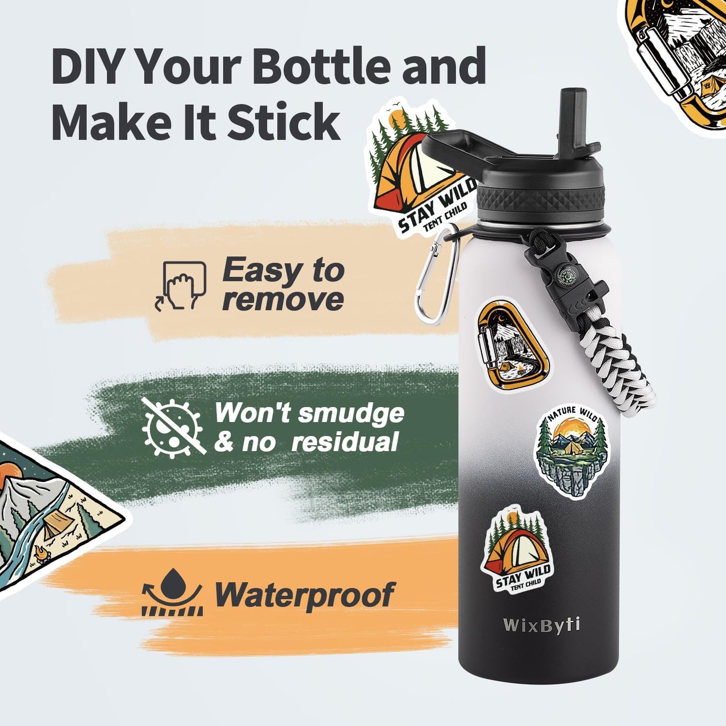 WixByti 40 oz Insulated Water Bottle with Straw (Cold for 36 Hrs), Stainless Steel Triple Wall Vacuum Sports Water Jug, Leakproof Hydro Cup Flask with Paracord Handle & Straw Spout Lids & DIY Stickers
