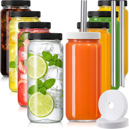 8 Pack 16OZ Glass Juice Bottles with 8 Airtight Lids & 2 Straw Lids & 2 Straws - Freezable Juice Container, Travel Juicing Jars, Drinking Water Cups - Reusable Tall Mason Jar for Tea, Juice, Smoothies