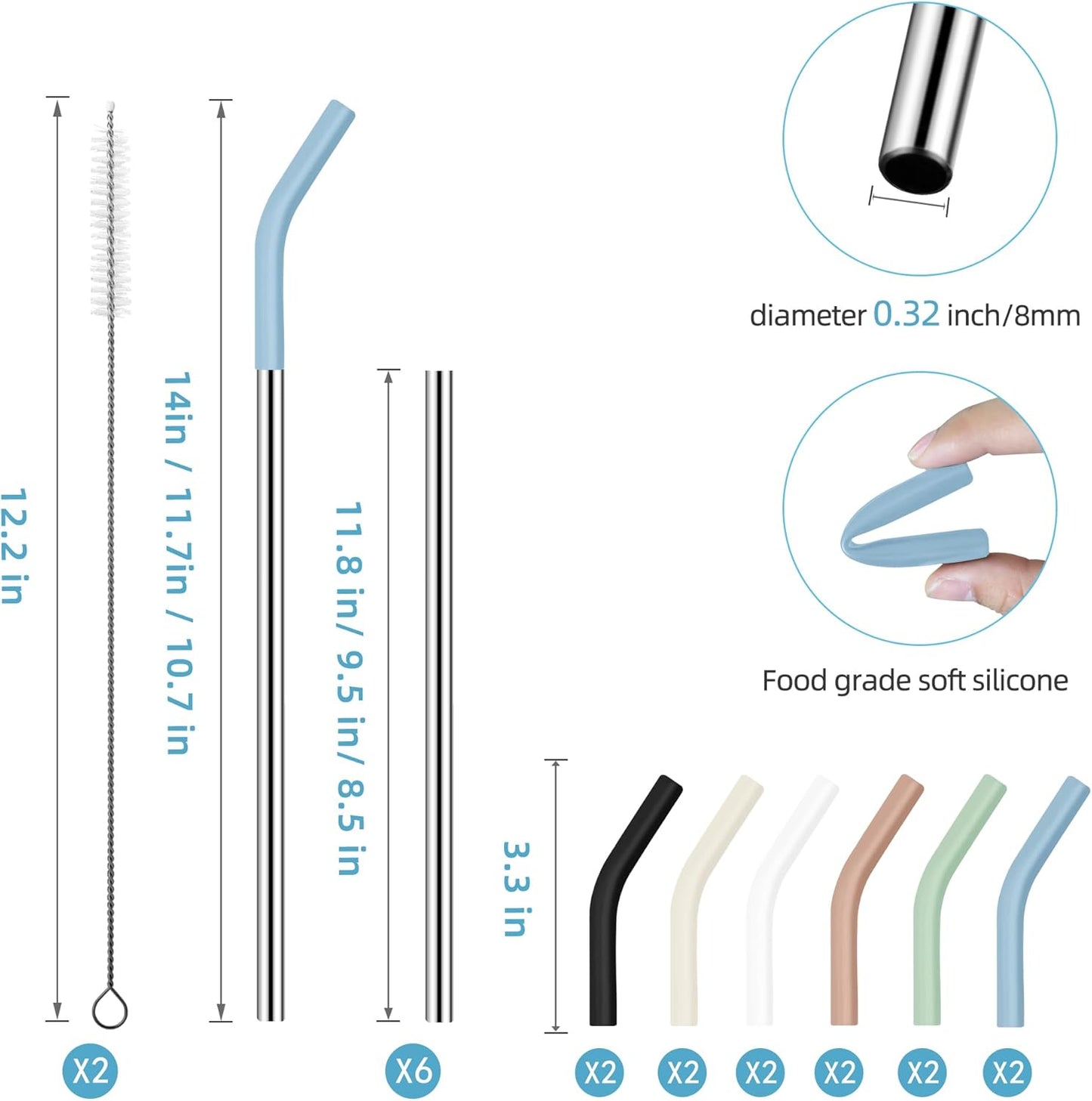 40 oz Stainless Metal Straws for 40 oz Stanley Tumbler, 6Pcs Reusable Straight Long Steel Straws with 12 Silicone Tips and 2 Straw Cleaning Brushes (6Color1, 40oz)