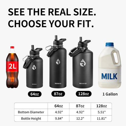 RAYMYLO One Gallon Water Bottle Insulated, Triple Walled Vacuum Stainless Steel (Cold for 48 Hrs), Leak Proof & Non-BPA, Large Water Flask Jug with Paracord Handle & Straw Spout Lids