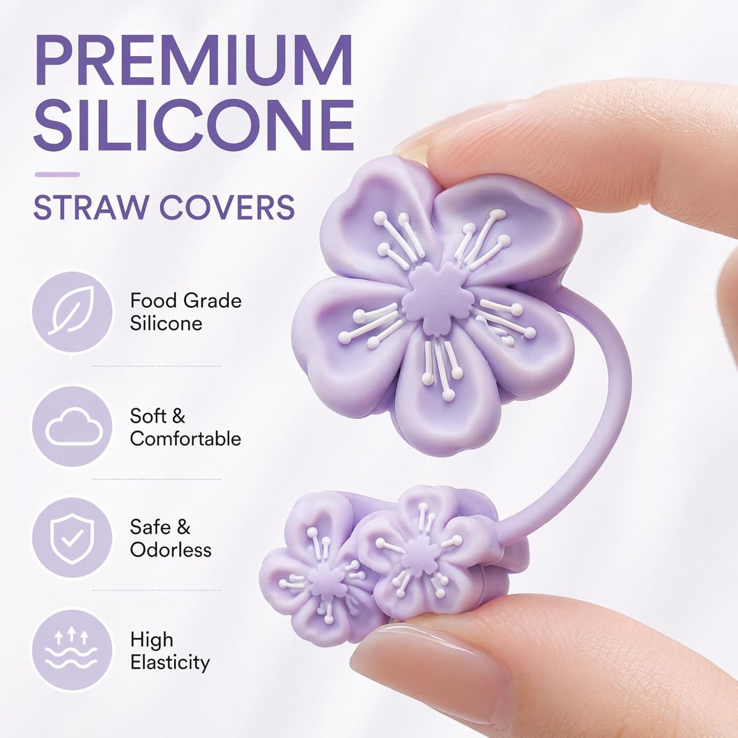 BTYHAOS Silicone Straw Caps for 10mm Tumblers | Reusable Dust-Proof Straw Toppers Compatible with Stanley 30oz & 40oz Tumblers (Purple Flower 3pc)