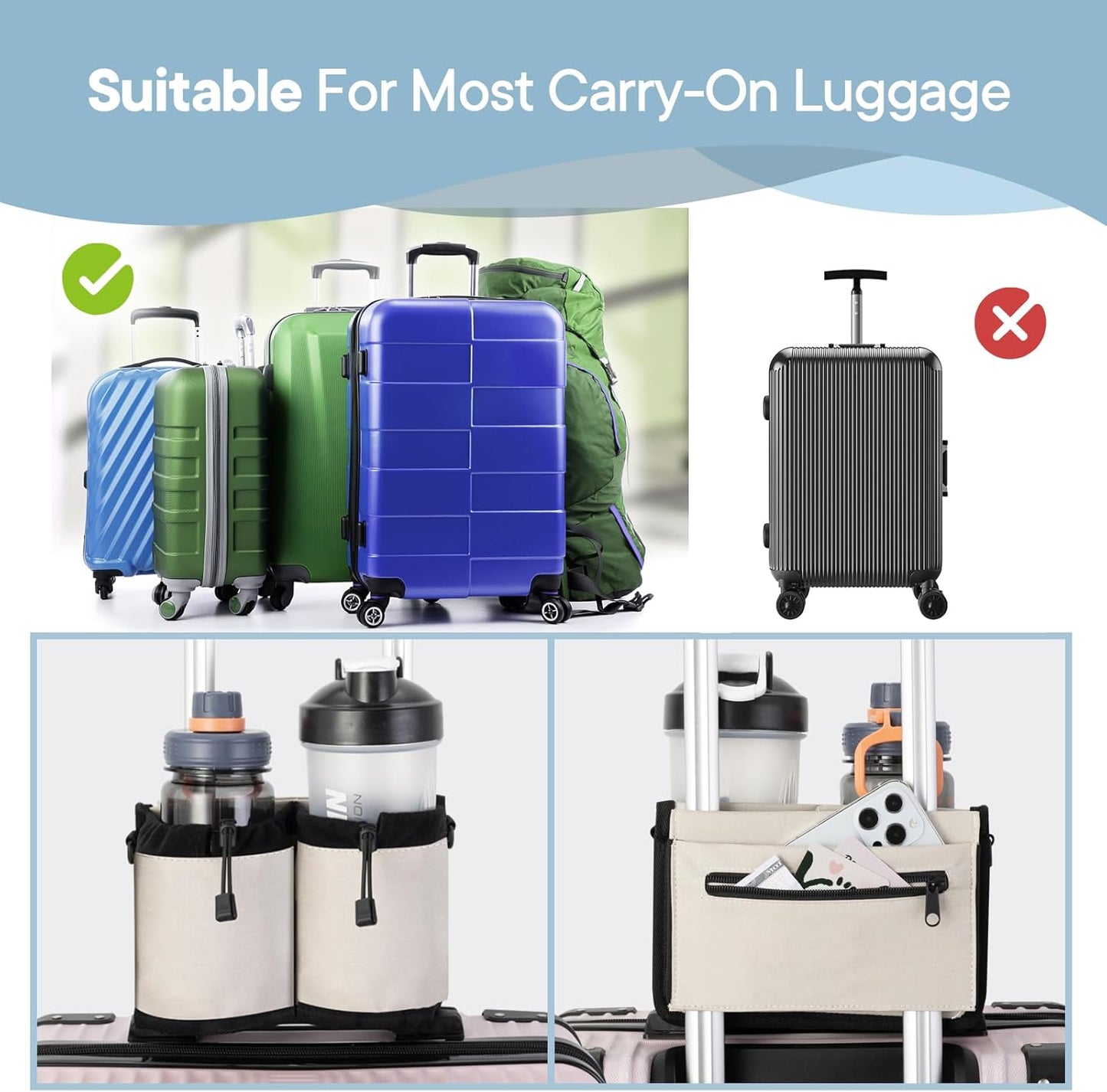 Extra Luggage Cup Holder Free Hand Drink Caddy for Suitcases to Travel and Business Trip,Travel Must Haves Men Women,Holds Two Coffee Cups,Passport,Flight Attendant Essential Organizer-Apricot
